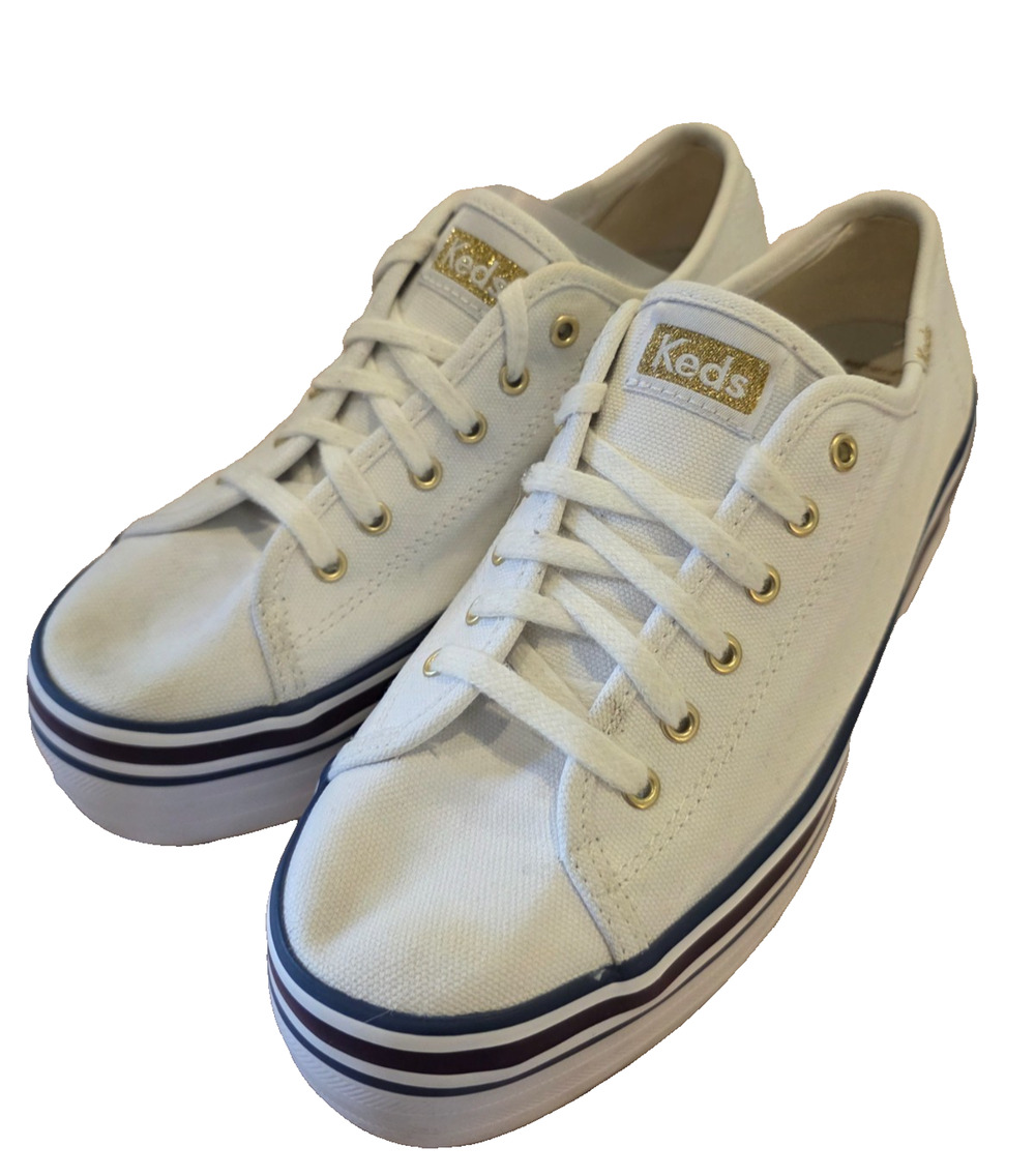 Keds Triple-Up Sneaker Women 6.5 White Canvas Platform Gold Navy Lace-Up Preppy
